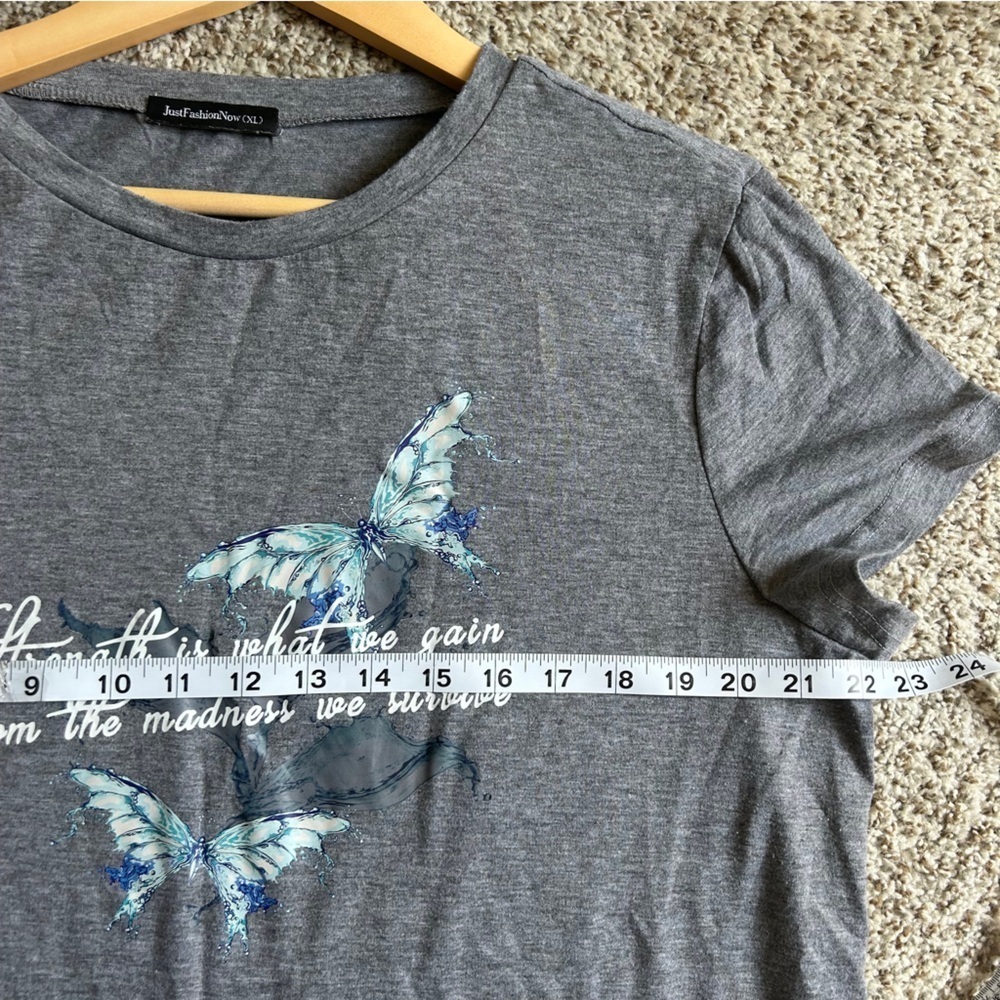 Gray T-Shirt with Blue Butterfly Design Casual Tee Comfy XL - Picture 4 of 5